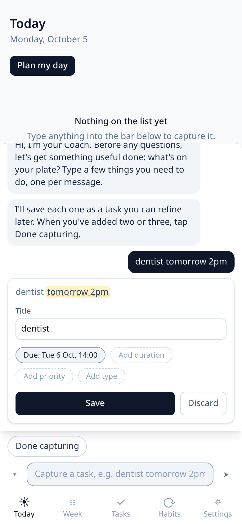 La barra de chat con “dentist tomorrow 2pm” y debajo la tarjeta de confirmación.