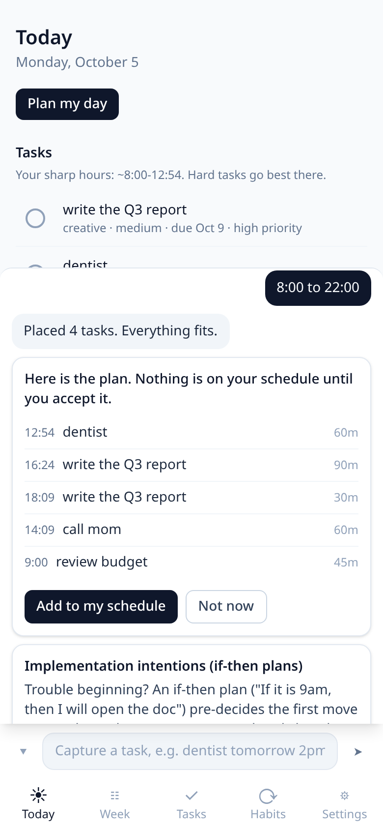 La tarjeta con la agenda que propone tu Guía después de «Planifica mi día».