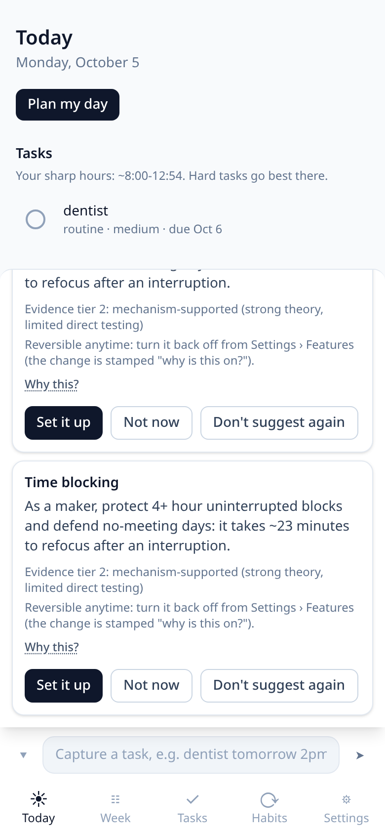 La tarjeta de la recomendación Time blocking con su nivel de evidencia, un enlace “Why this?” y los botones Set it up, Not now y Don’t suggest again.